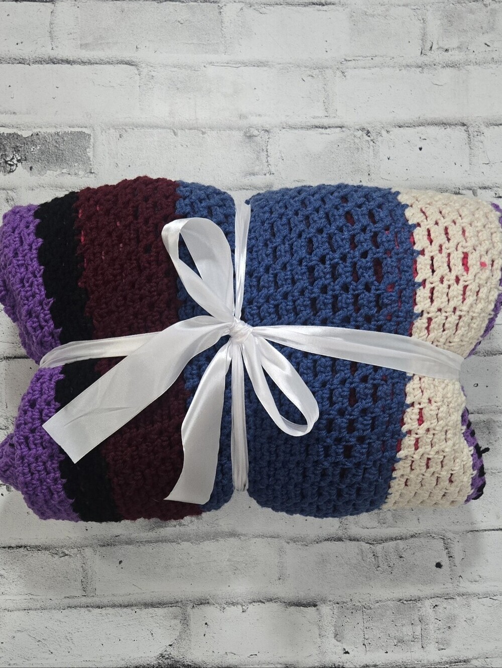 Hand Crocheted Striped Throw Blanket 100 x 80 Cozy Oversized Afghan